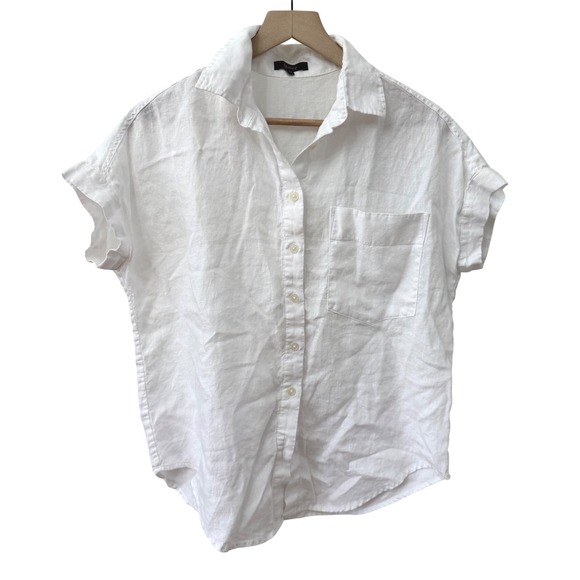 Quince Tops - Quince Button Down Shirt XS White 100% Linen Short Sleeve Cuffed Pocket